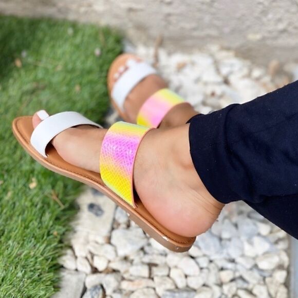 Holographic Snake Print Two Strap Summer Slide Sandals - Picture 3 of 3